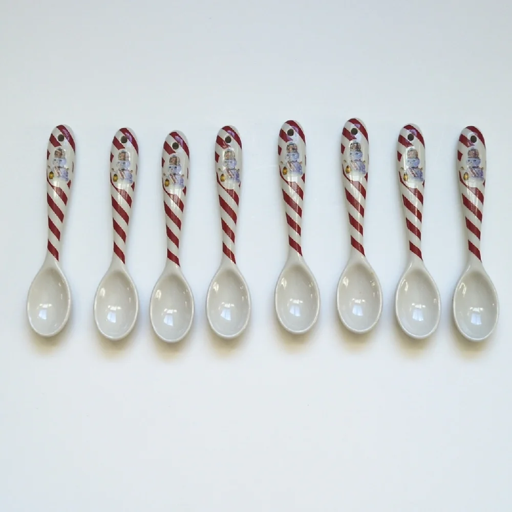 8 Williams Sonoma Ceramic Snowman Christmas Spoons - Red Striped Holiday EUC